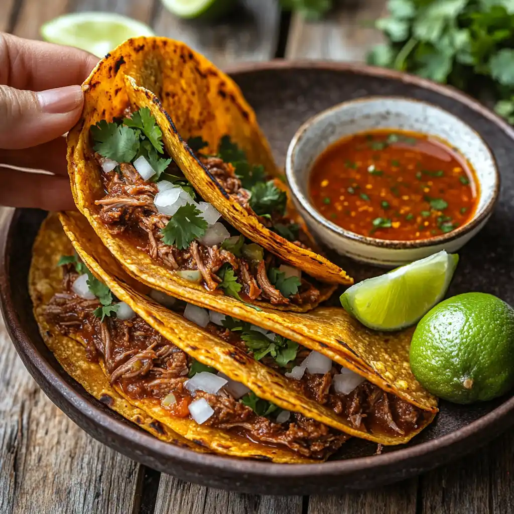 Crispy Birria Tacos with melted cheese and dipping consommé.